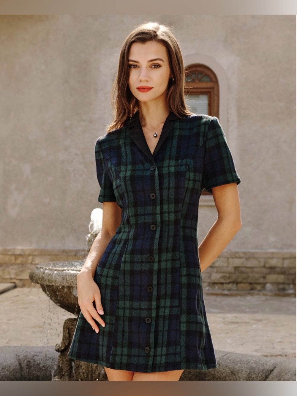 Green Plaid Collar Mini Dress